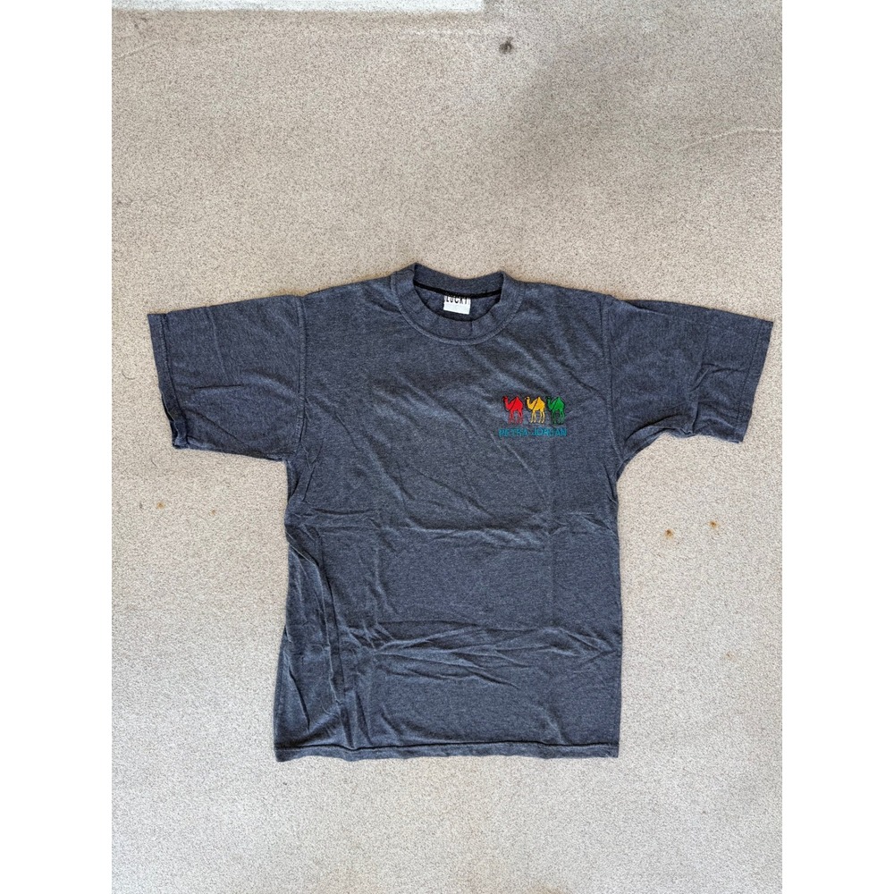 Vintage Lucky Petra Jordan Mens Small T-Shirt - Grey Embroidered Camel Tee